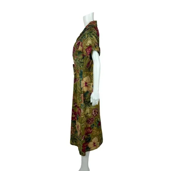 Vintage 70s Safari Dress Women's Medium Olive Hibiscus Floral Tea Length
